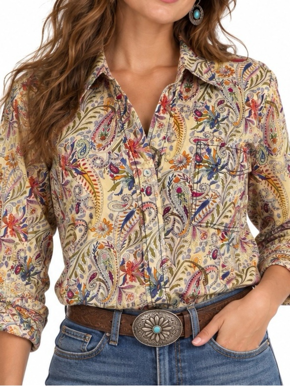 Sundance Cream Paisley Button-Down Shirt with Multicolor Floral Print